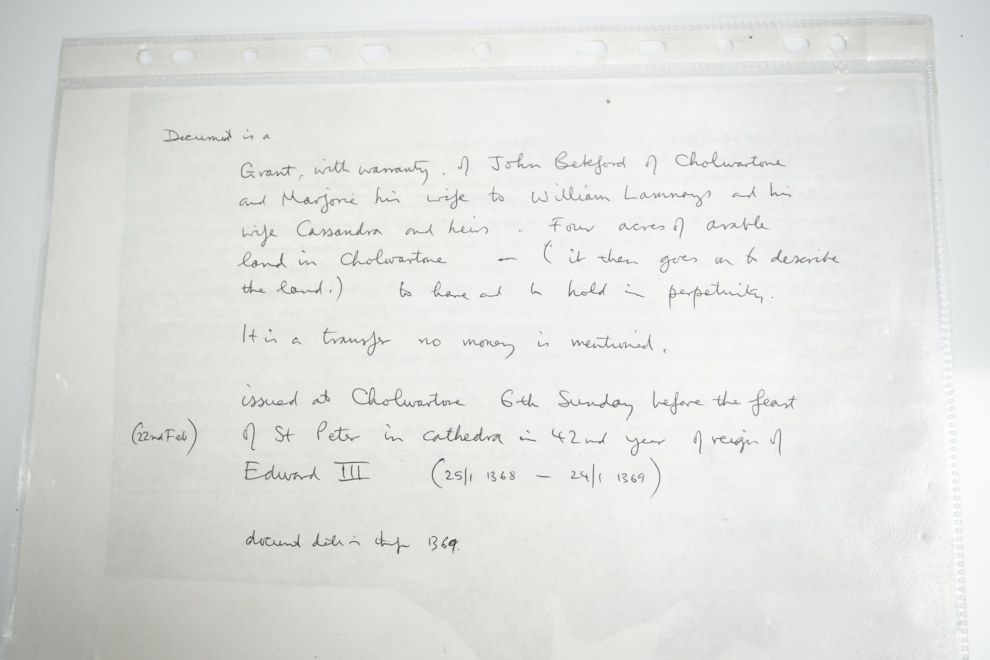 Grant of 4 acres of arable land and grazing-rights for 35 sheep at East Cholderton in Amport near Andover, Hampshire; 1369